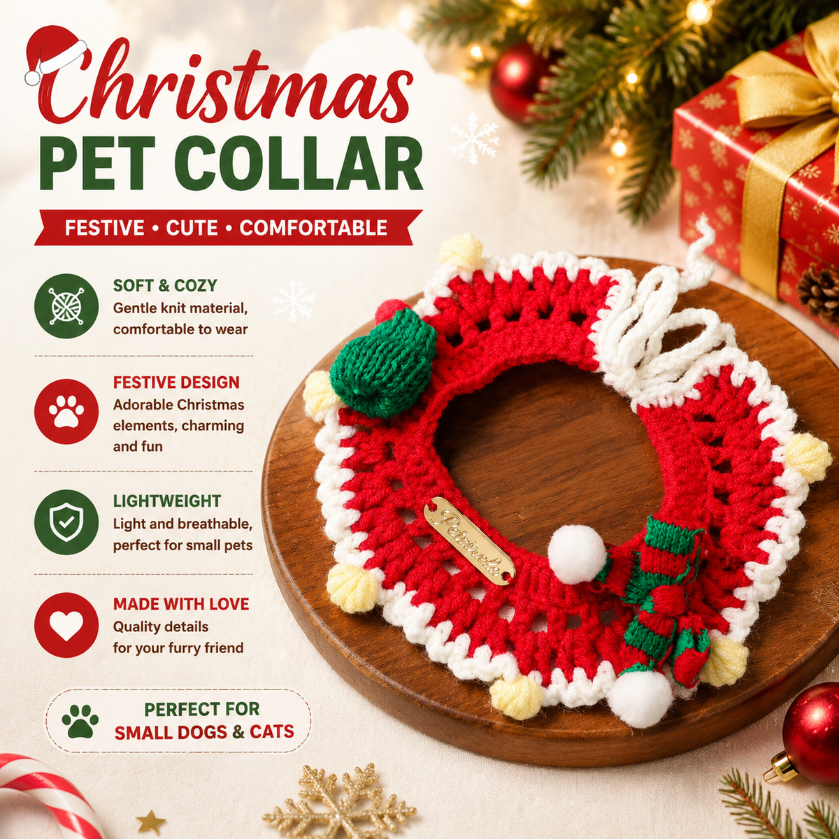Christmas Knitted Pet Collar, Red Scarf & Hat – Dogs & Cats