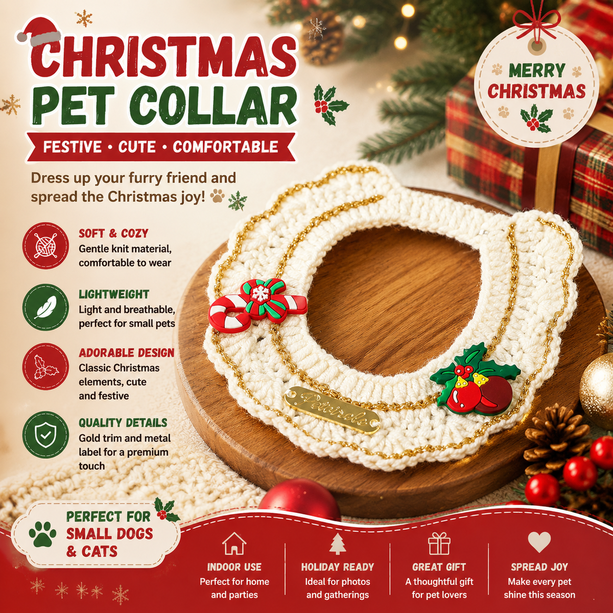 Christmas Knitted Pet Collar, Candy Cane & Pine Cone – Dogs & Cats