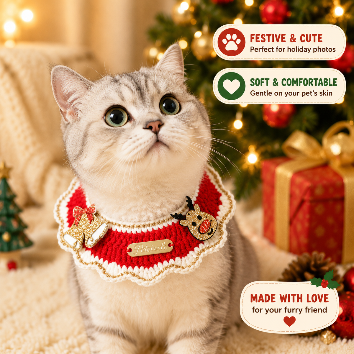 Christmas Knitted Pet Collar, Reindeer Bell – Dogs & Cats