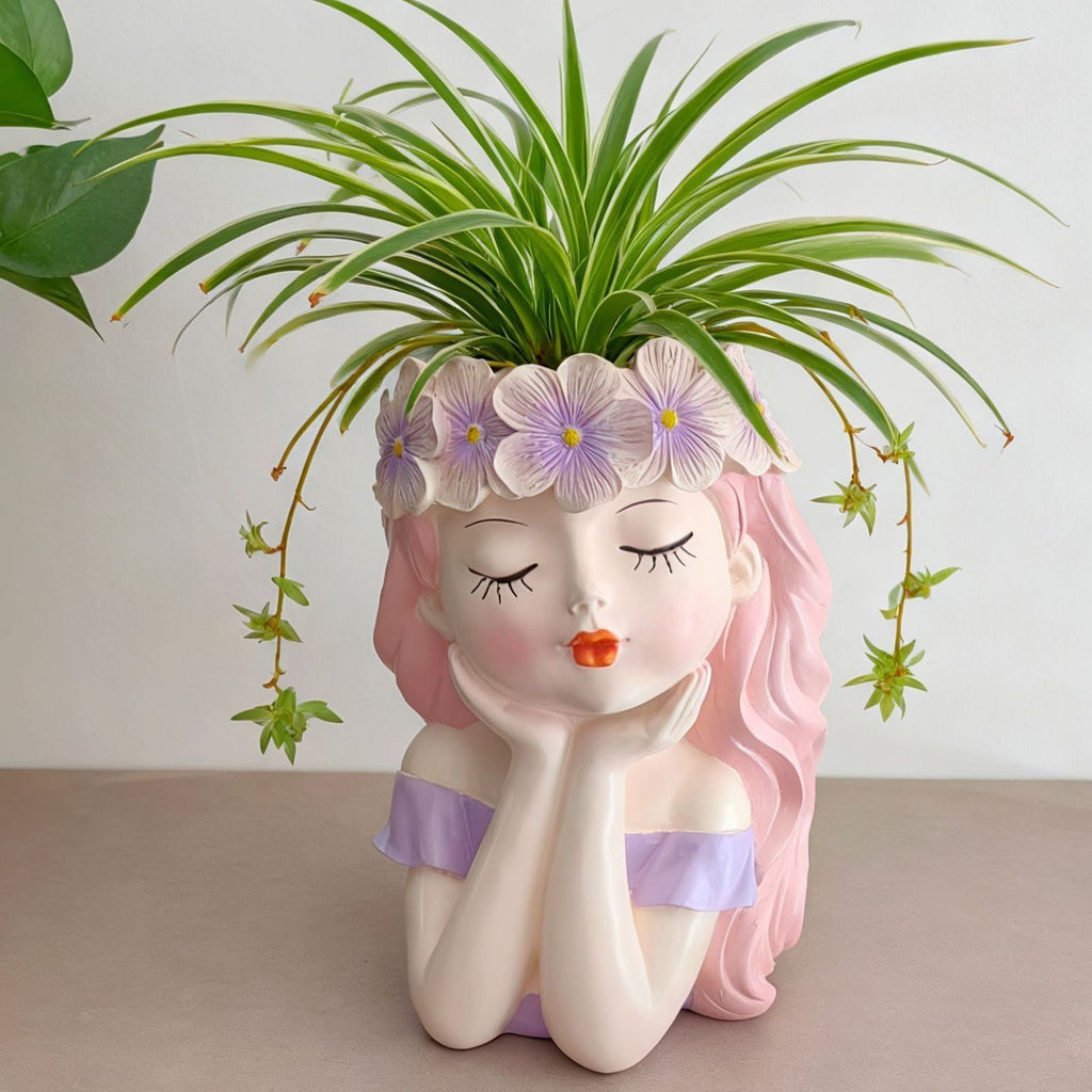 Flower Crown Girl Face Planter, 17 cm Resin Succulent Pot