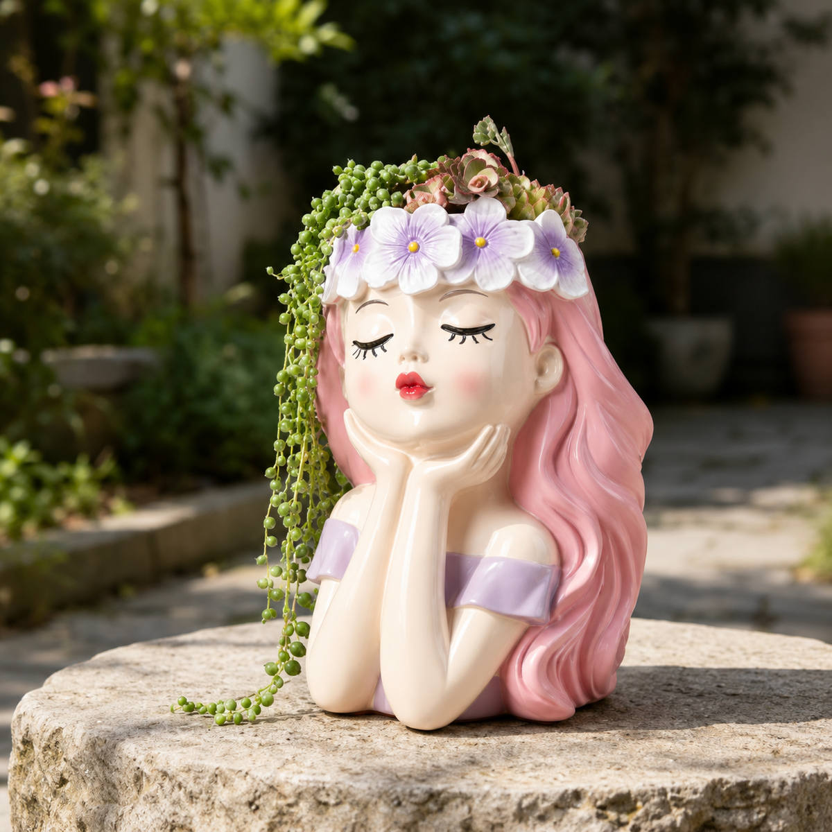 Flower Crown Girl Face Planter, 17 cm Resin Succulent Pot