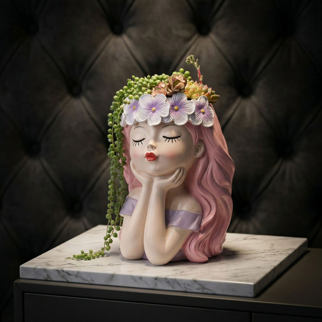 Flower Crown Girl Face Planter, 17 cm Resin Succulent Pot