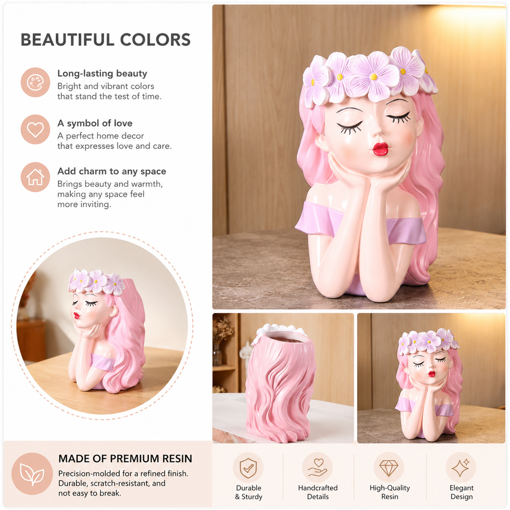 Flower Crown Girl Face Planter, 17 cm Resin Succulent Pot