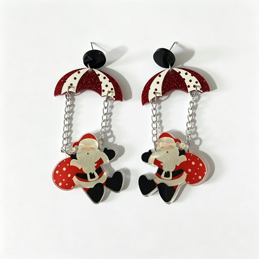 Christmas Santa Dangle Earrings, Acrylic Parachute Santa 80 x 37 mm