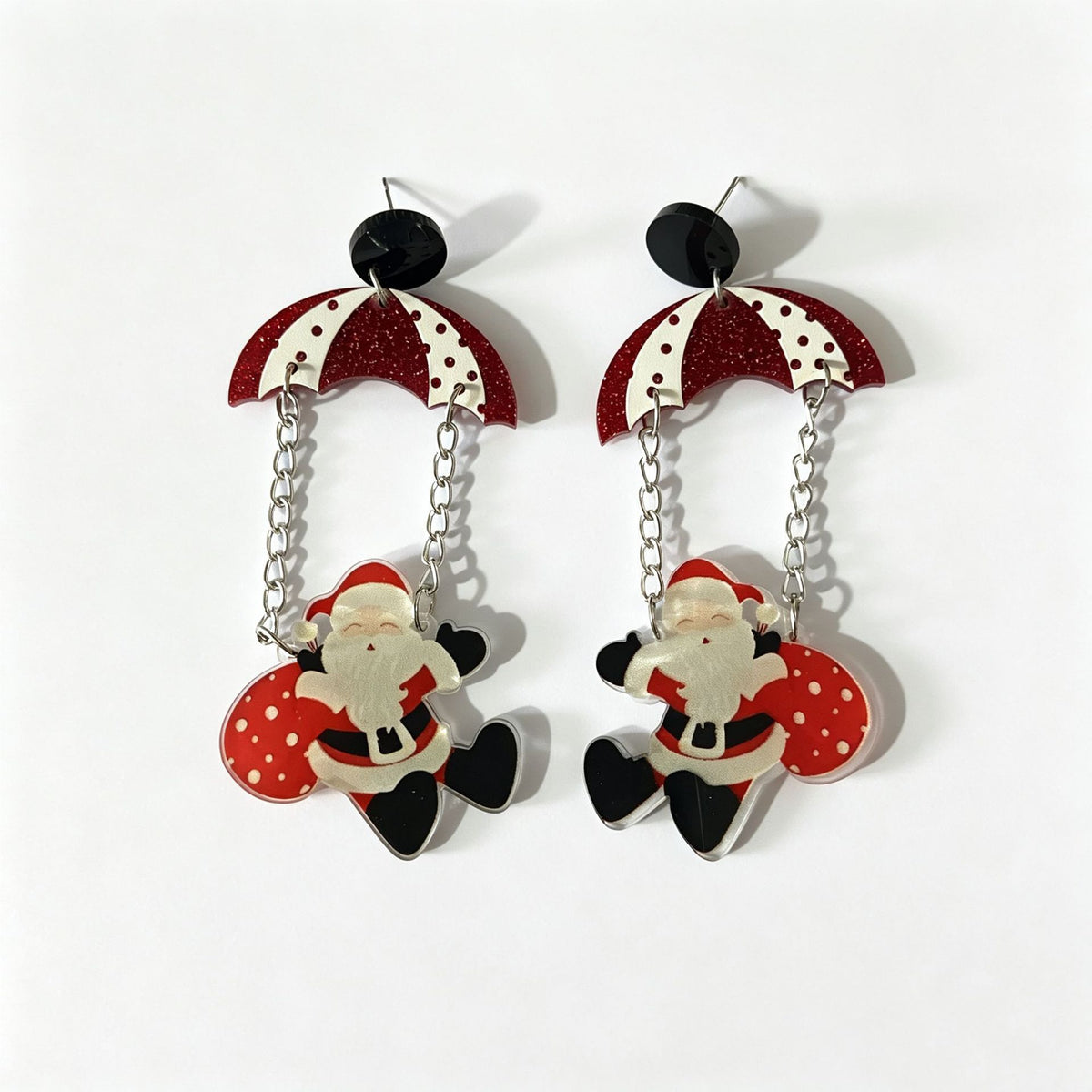 Christmas Santa Dangle Earrings, Acrylic Parachute Santa 80 x 37 mm