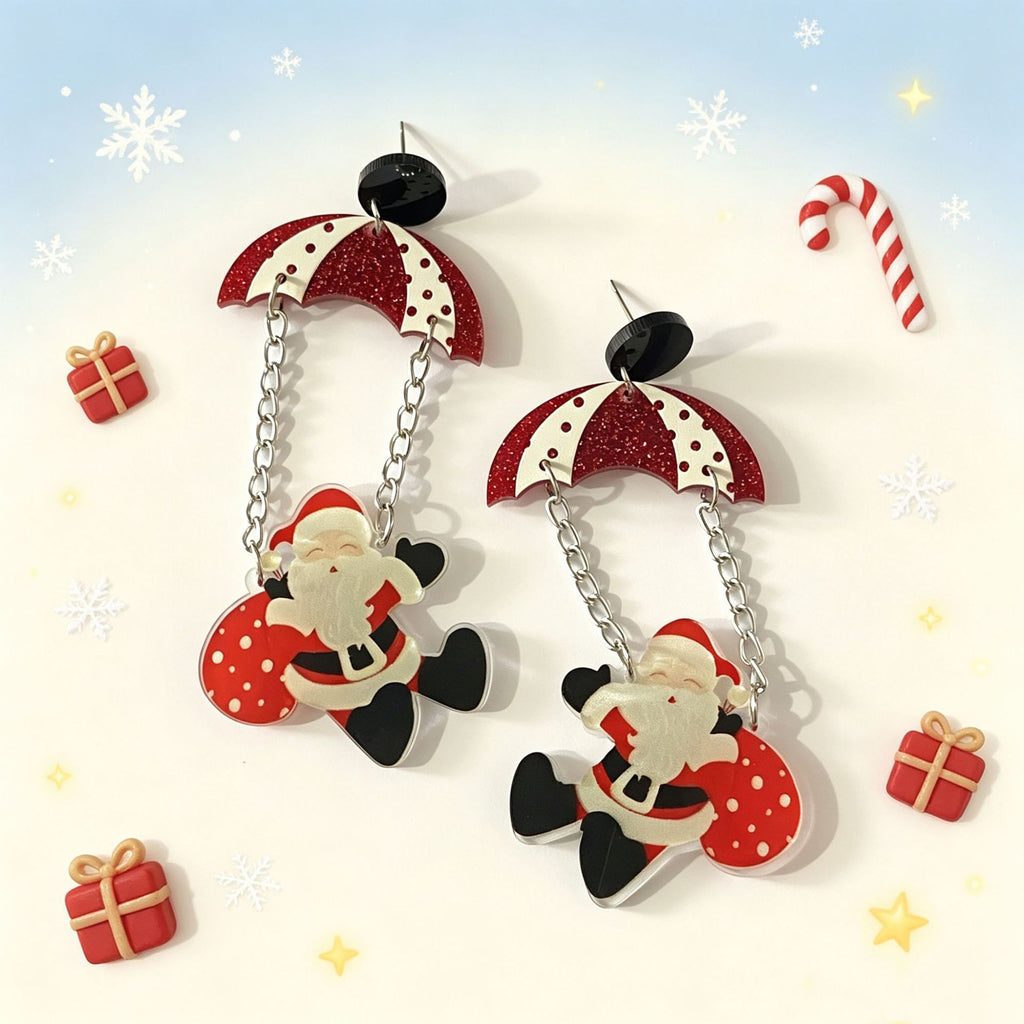 Christmas Santa Dangle Earrings, Acrylic Parachute Santa 80 x 37 mm