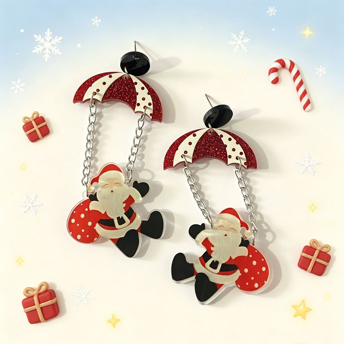 Christmas Santa Dangle Earrings, Acrylic Parachute Santa 80 x 37 mm