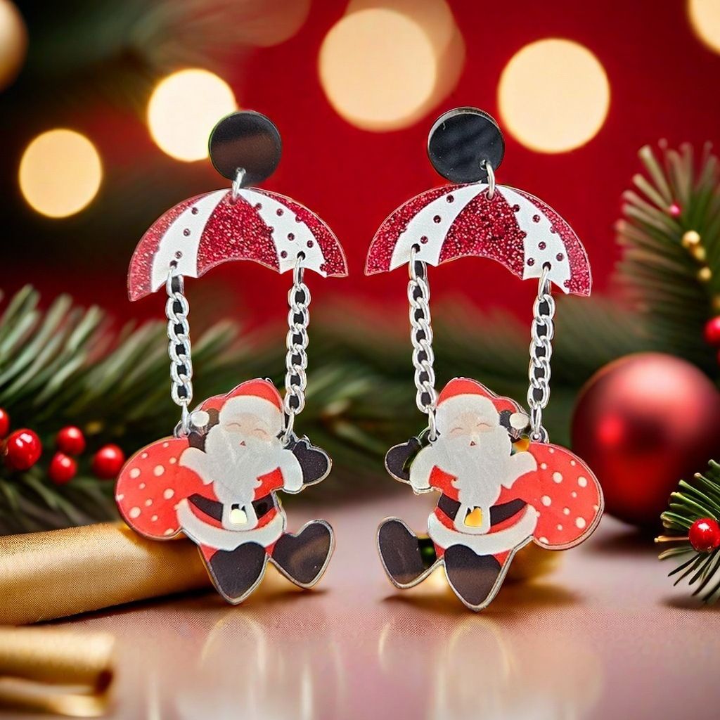 Christmas Santa Dangle Earrings, Acrylic Parachute Santa 80 x 37 mm
