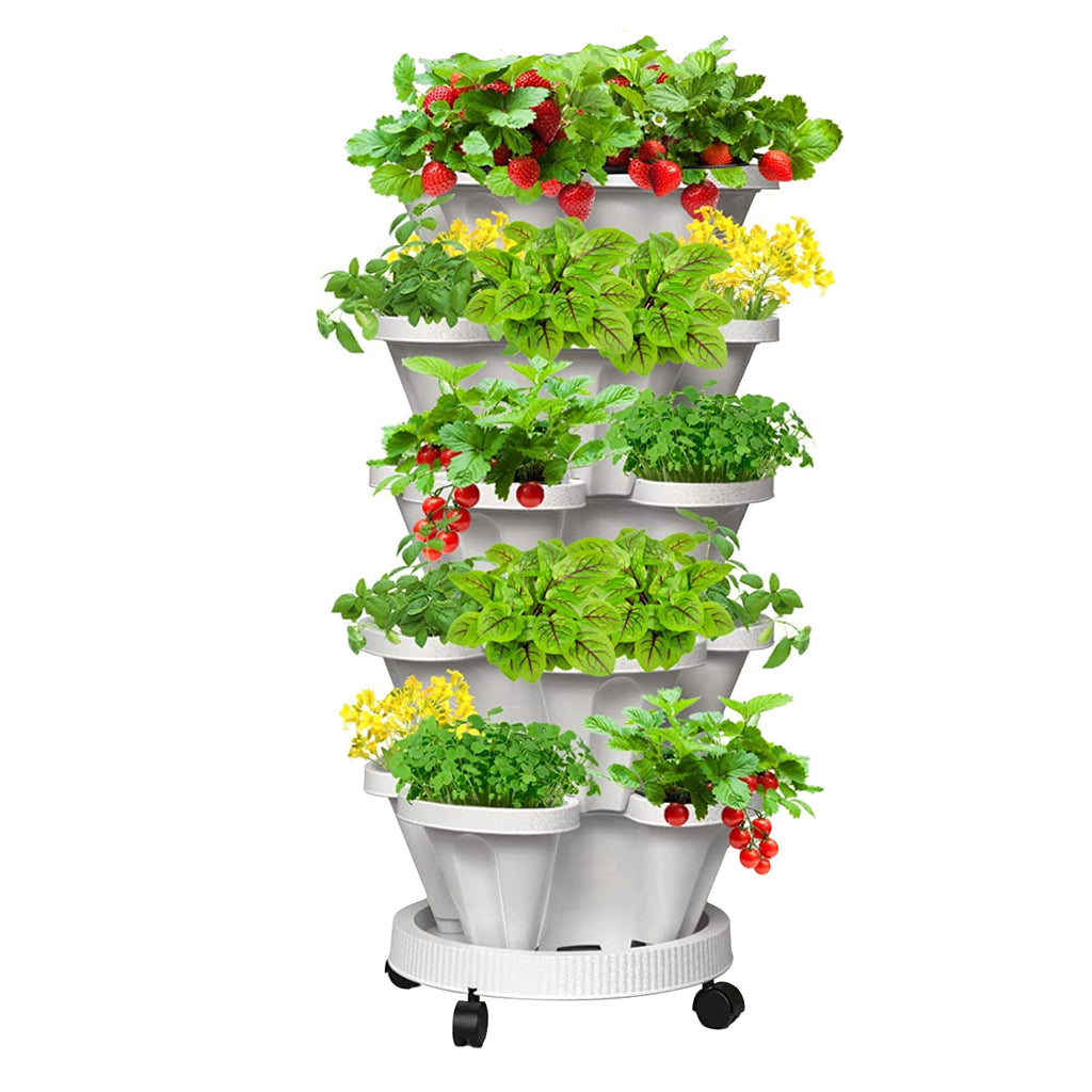 5-Tier Stackable Vertical Planter with Wheels, 37 cm – White