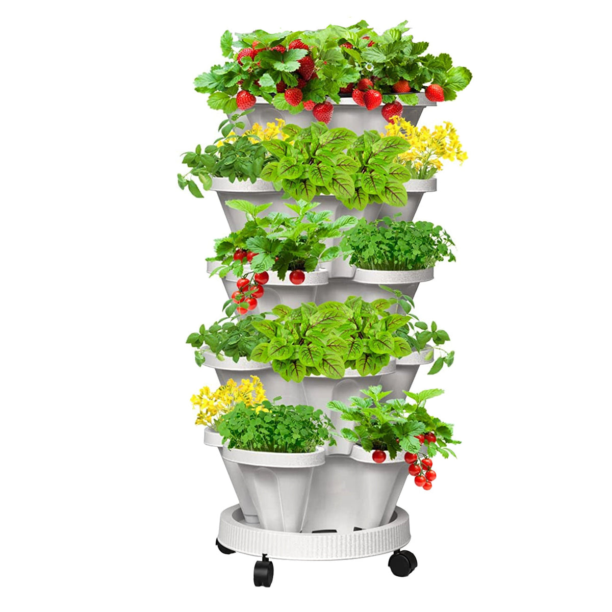 5-Tier Stackable Vertical Planter with Wheels, 37 cm – White