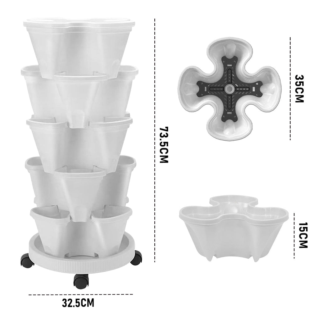 5-Tier Stackable Vertical Planter with Wheels, 37 cm – White