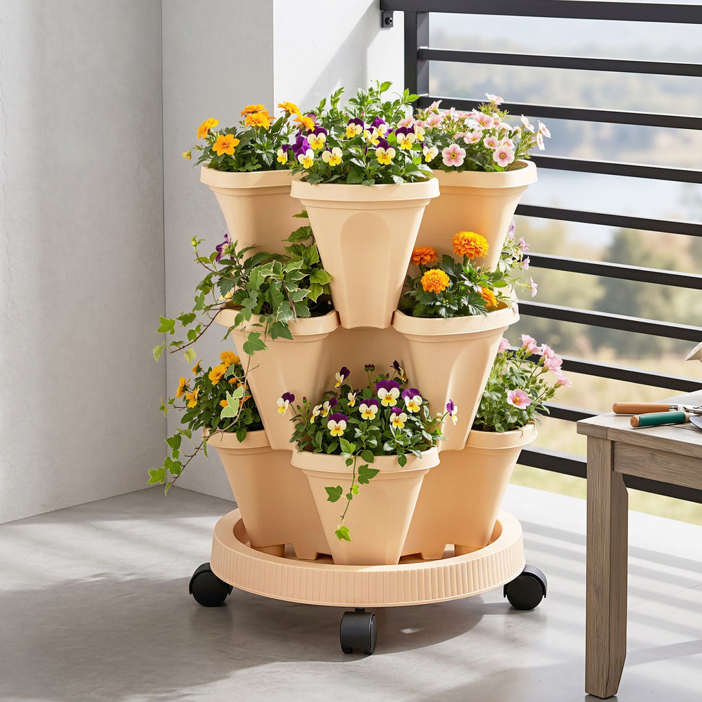 Green Fingers 3-Tier Stackable Strawberry Planter with Wheels – Beige