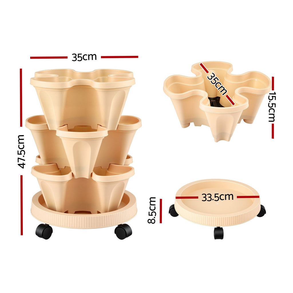 Green Fingers 3-Tier Stackable Strawberry Planter with Wheels – Beige