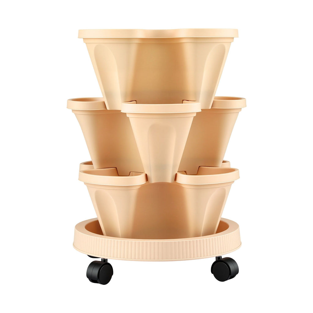 Green Fingers 3-Tier Stackable Strawberry Planter with Wheels – Beige