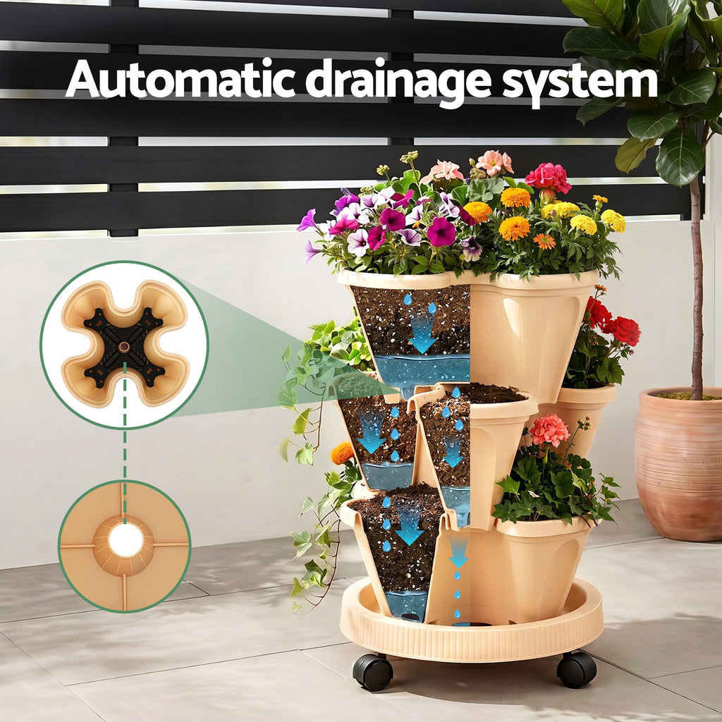 Green Fingers 3-Tier Stackable Strawberry Planter with Wheels – Beige
