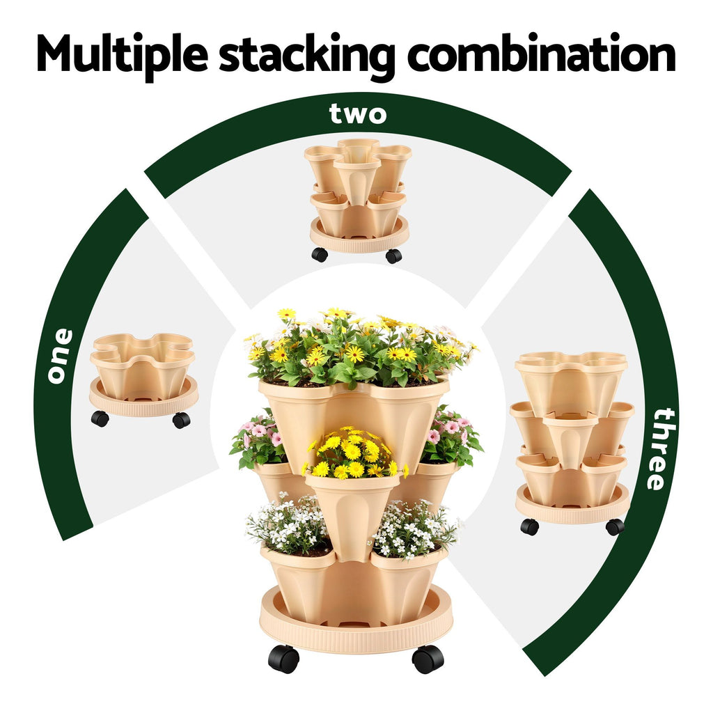 Green Fingers 3-Tier Stackable Strawberry Planter with Wheels – Beige