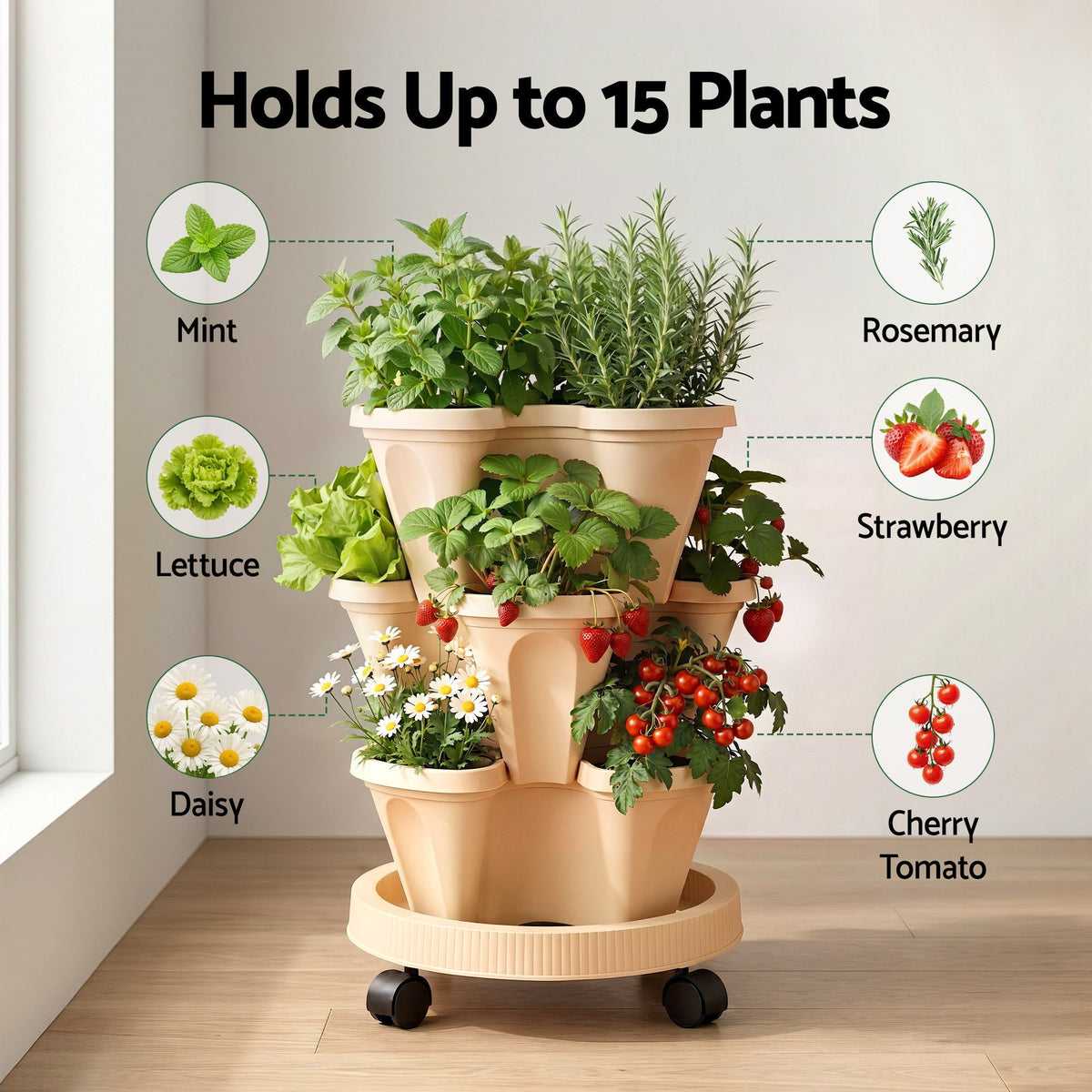 Green Fingers 3-Tier Stackable Strawberry Planter with Wheels – Beige