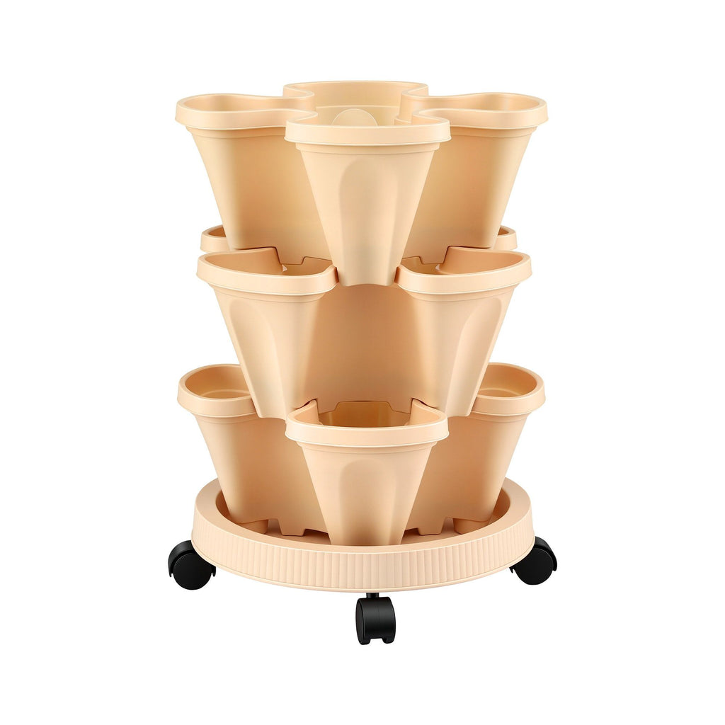 Green Fingers 3-Tier Stackable Strawberry Planter with Wheels – Beige