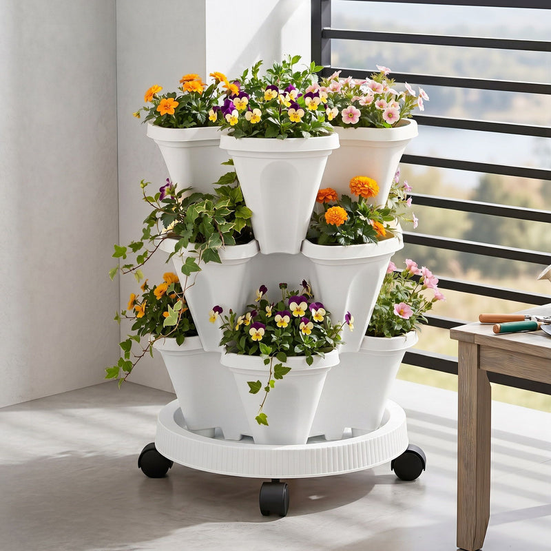 Green Fingers 3-Tier Stackable Strawberry Planter with Wheels – White