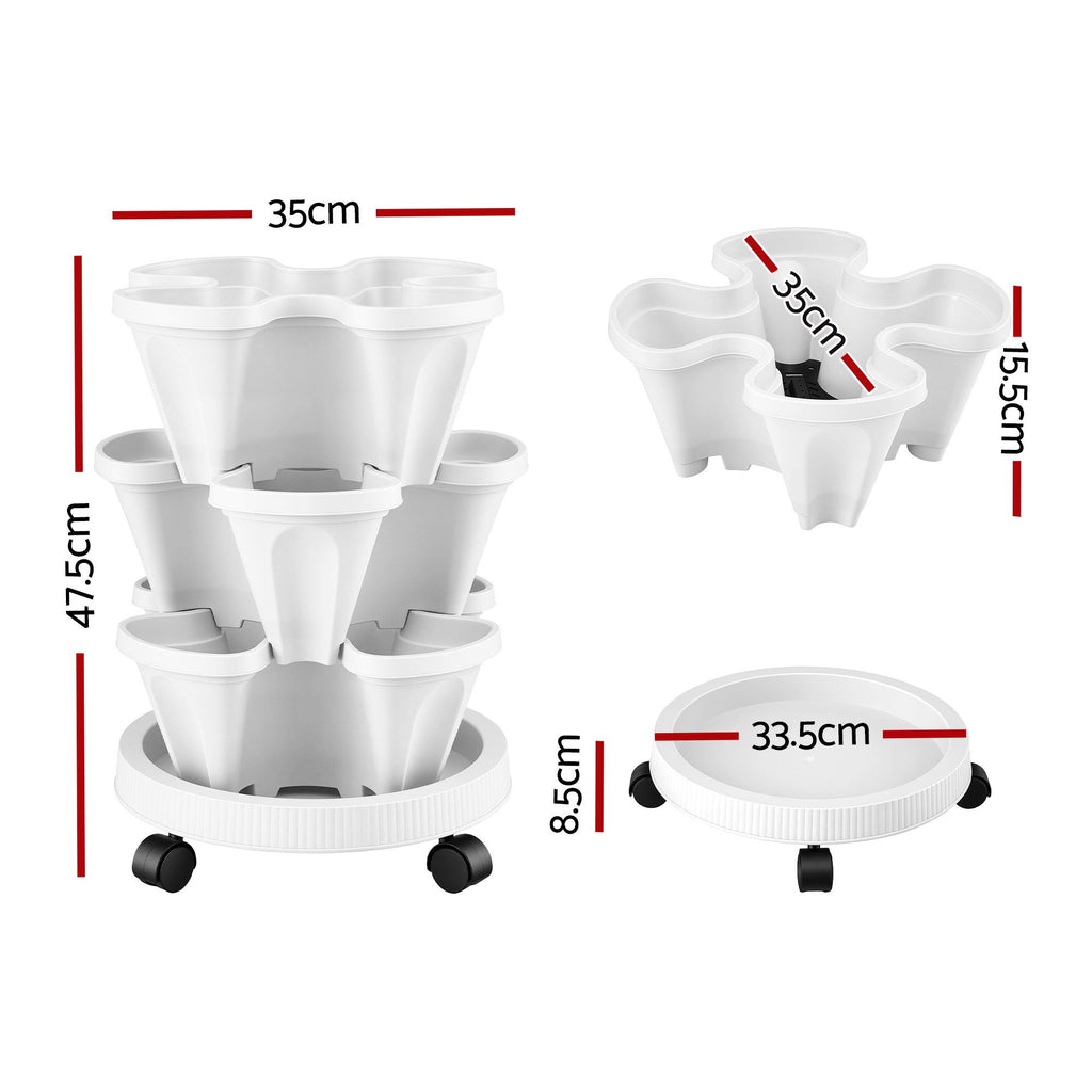 Green Fingers 3-Tier Stackable Strawberry Planter with Wheels – White