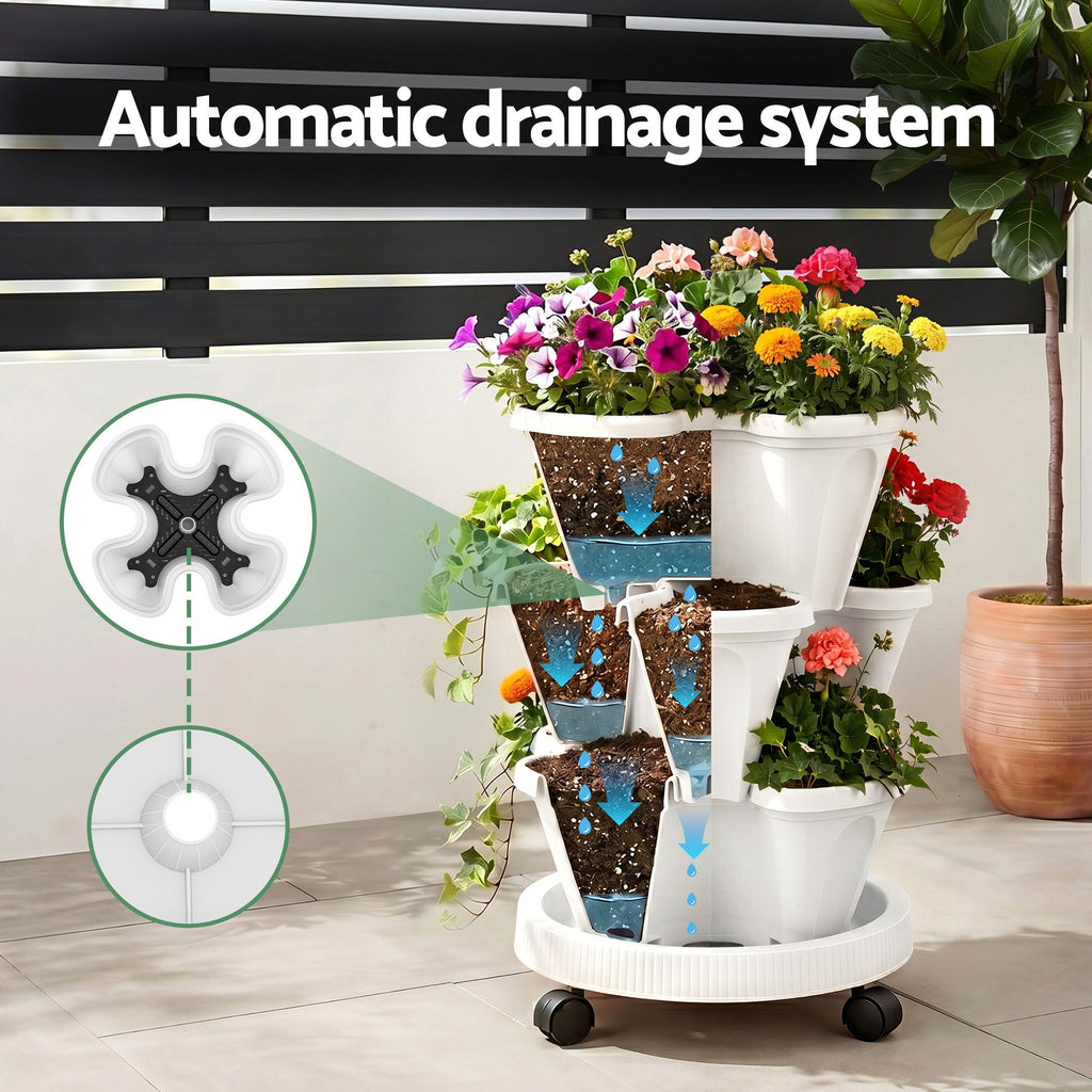Green Fingers 3-Tier Stackable Strawberry Planter with Wheels – White