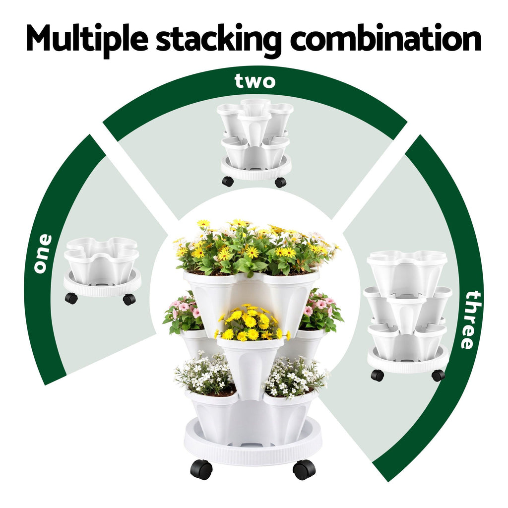 Green Fingers 3-Tier Stackable Strawberry Planter with Wheels – White