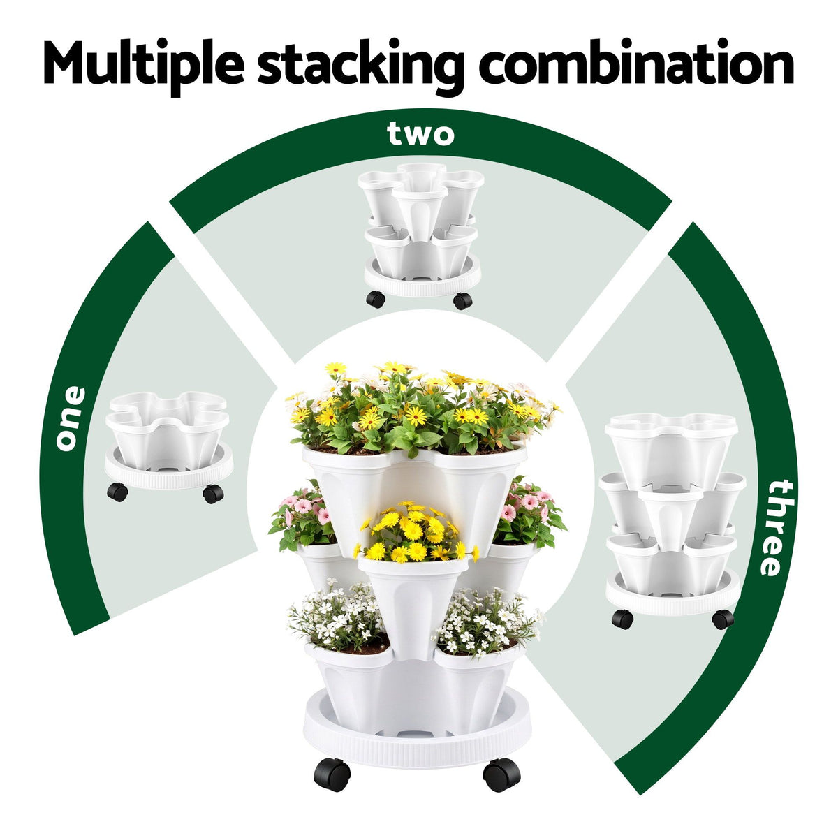 Green Fingers 3-Tier Stackable Strawberry Planter with Wheels – White