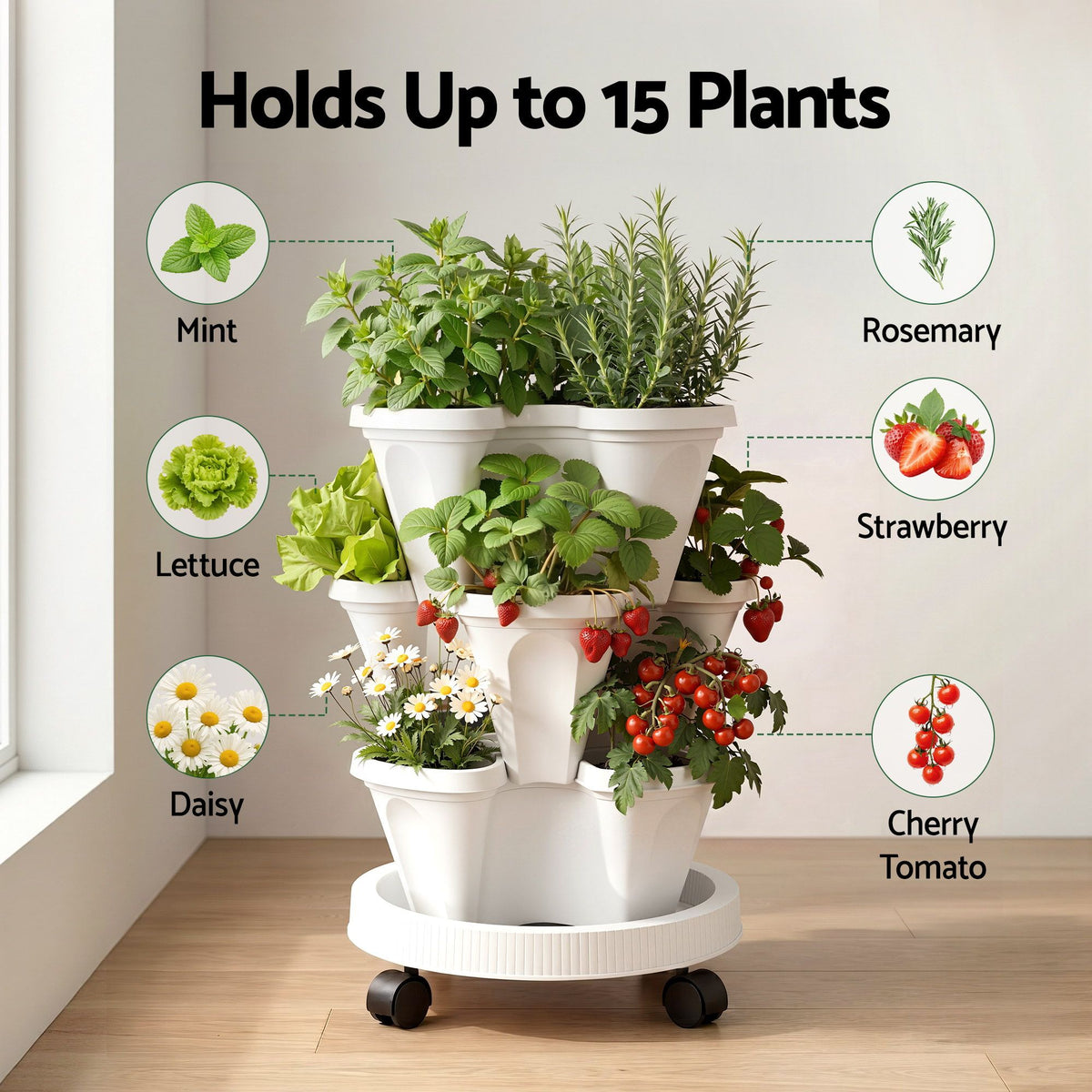 Green Fingers 3-Tier Stackable Strawberry Planter with Wheels – White
