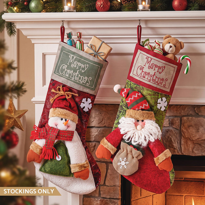3D Plush Santa & Snowman Christmas Stockings, 43.5 cm – Set of 2, Jingle Jollys