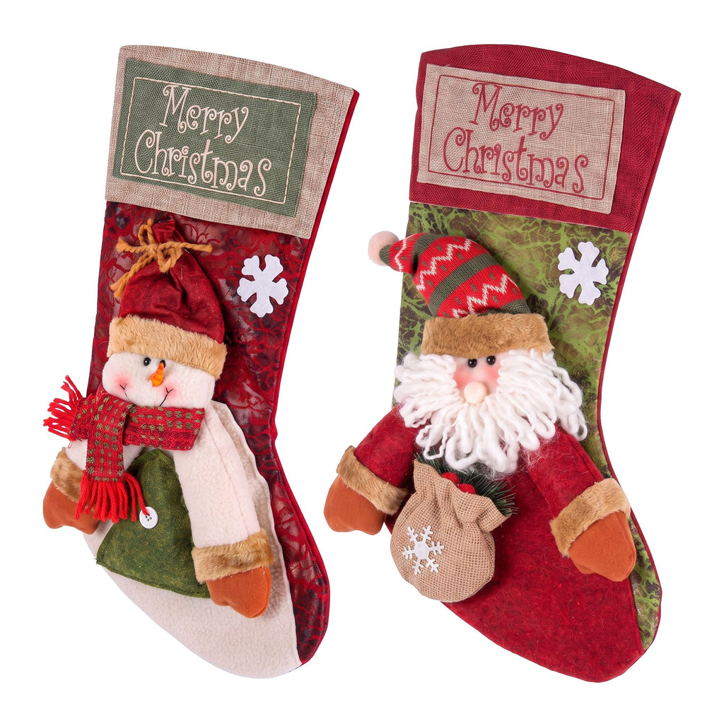 3D Plush Santa & Snowman Christmas Stockings, 43.5 cm – Set of 2, Jingle Jollys