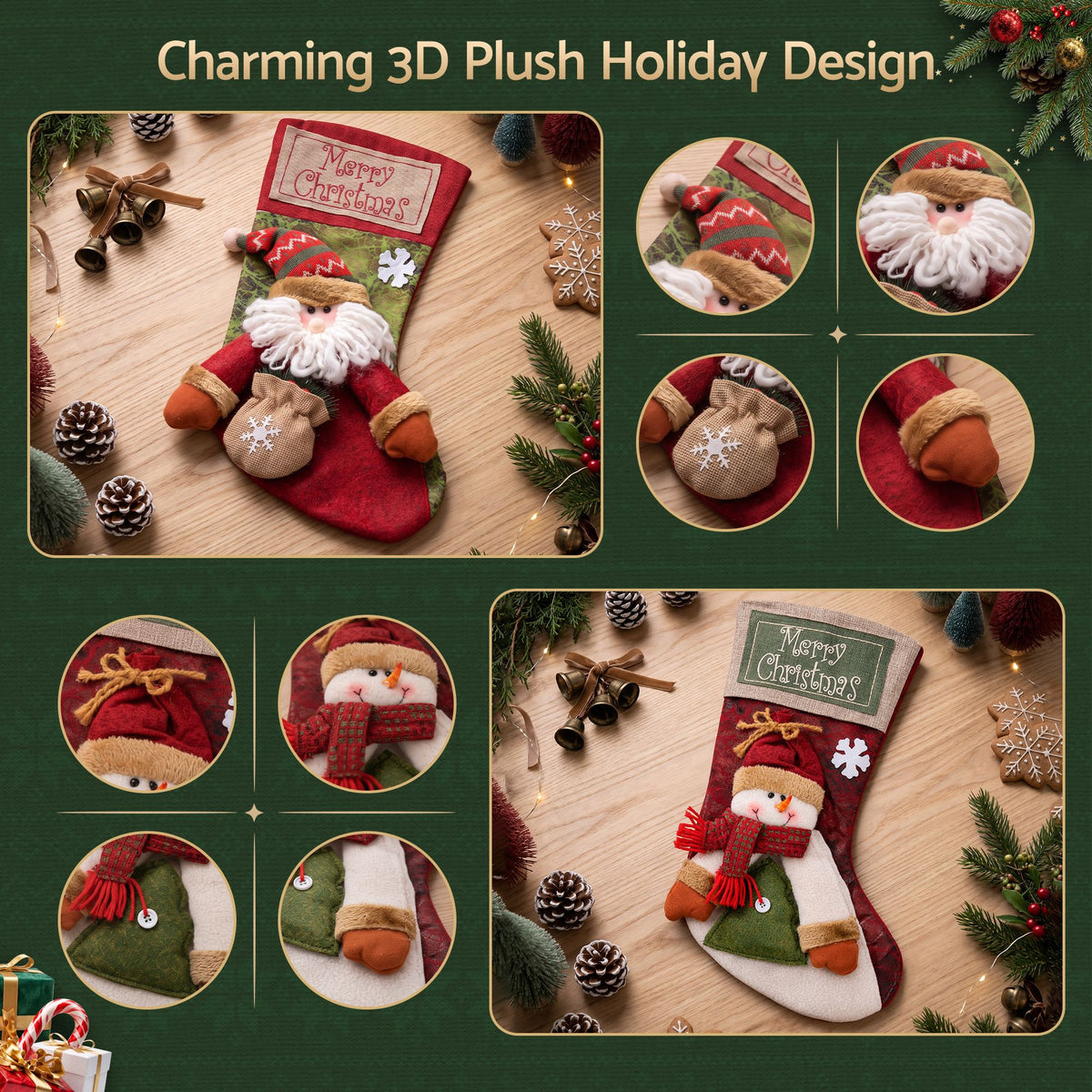 3D Plush Santa & Snowman Christmas Stockings, 43.5 cm – Set of 2, Jingle Jollys