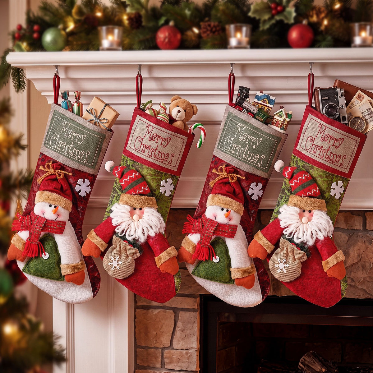 3D Plush Santa & Snowman Christmas Stockings, 43.5 cm – Set of 4, Jingle Jollys