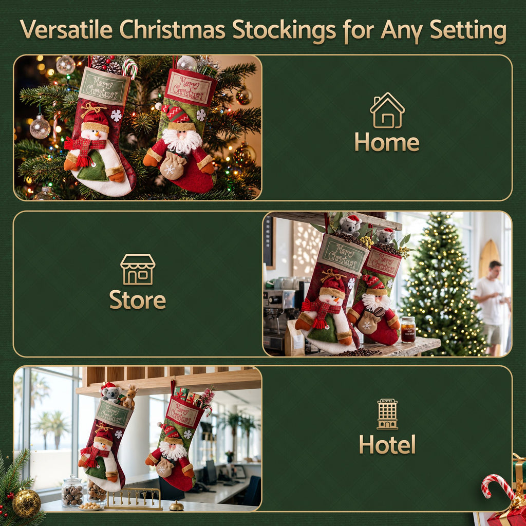 3D Plush Santa & Snowman Christmas Stockings, 43.5 cm – Set of 4, Jingle Jollys