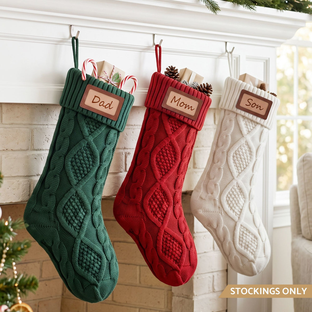 Personalised Knitted Christmas Stockings with Leather Patch, Solid Colour – Set of 3, Jingle Jollys