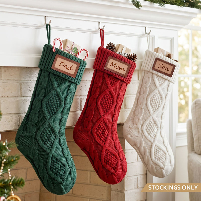 Personalised Knitted Christmas Stockings with Leather Patch, Solid Colour – Set of 3, Jingle Jollys