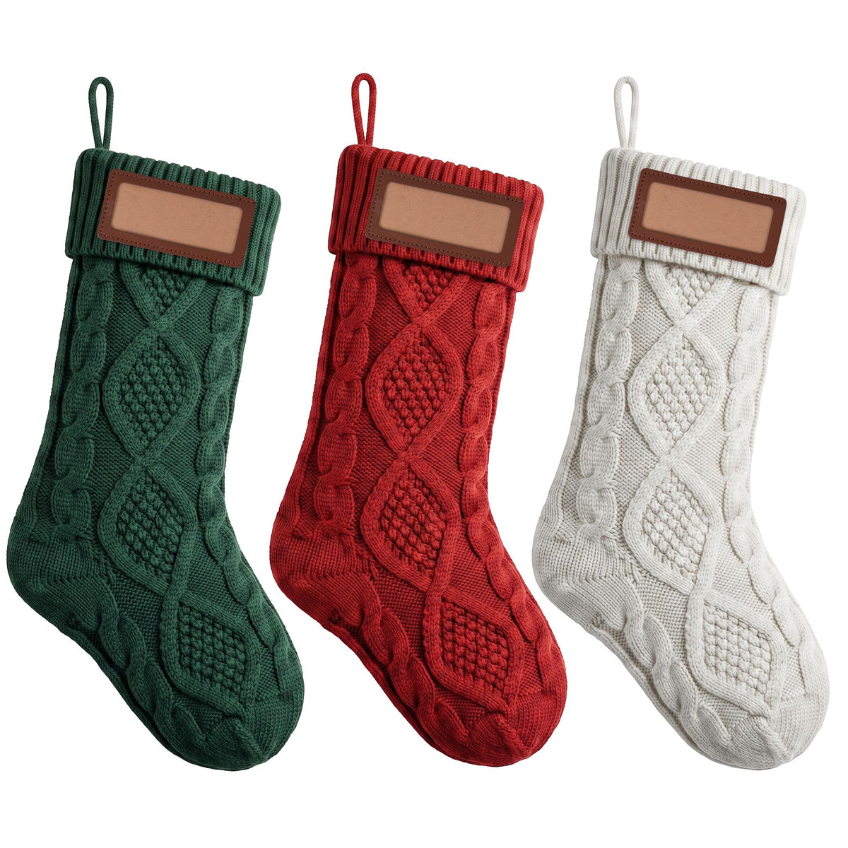 Personalised Knitted Christmas Stockings with Leather Patch, Solid Colour – Set of 3, Jingle Jollys