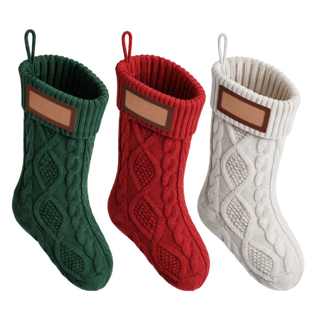 Personalised Knitted Christmas Stockings with Leather Patch, Solid Colour – Set of 3, Jingle Jollys