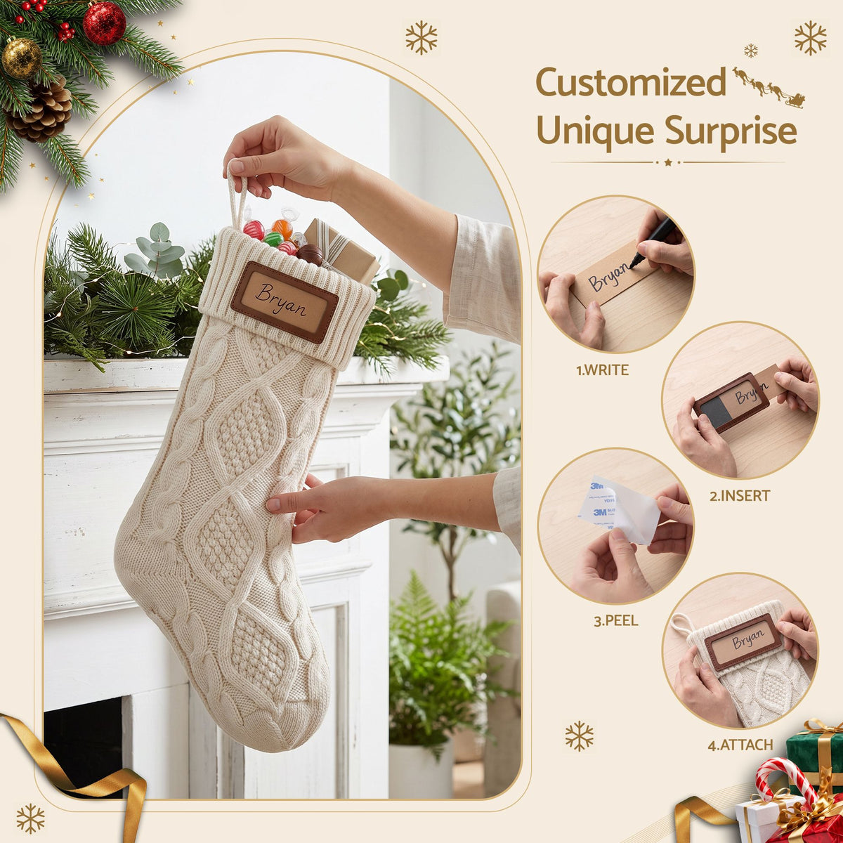 Personalised Knitted Christmas Stockings with Leather Patch, Solid Colour – Set of 3, Jingle Jollys
