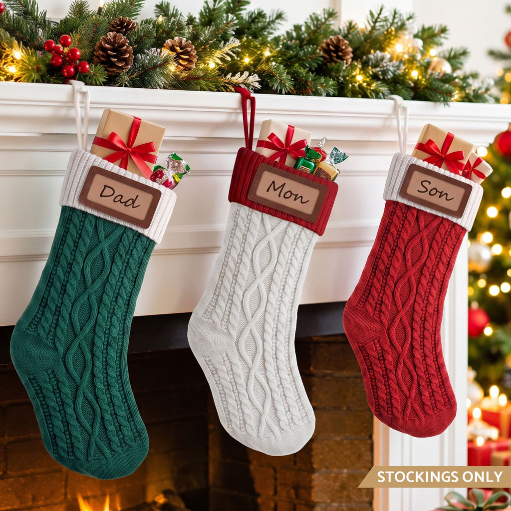 Personalised Knitted Christmas Stockings with Leather Patch, Contrast Colour – Set of 3, Jingle Jollys