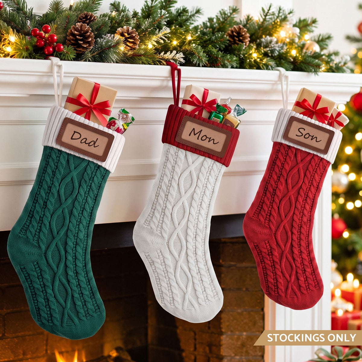 Personalised Knitted Christmas Stockings with Leather Patch, Contrast Colour – Set of 3, Jingle Jollys