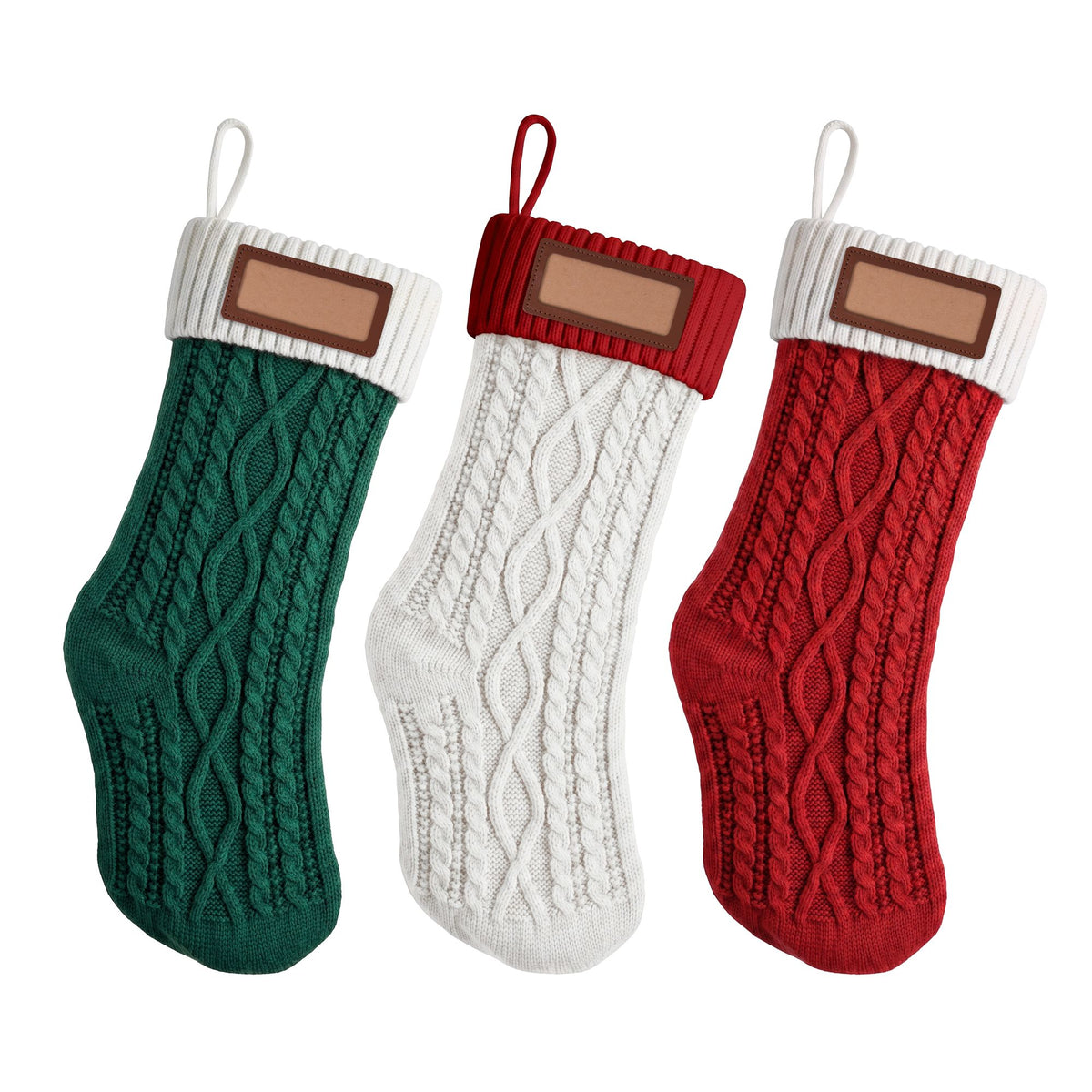 Personalised Knitted Christmas Stockings with Leather Patch, Contrast Colour – Set of 3, Jingle Jollys