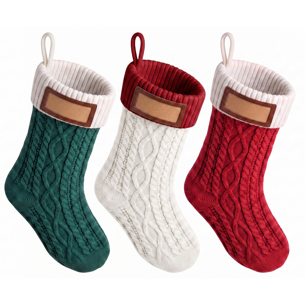 Personalised Knitted Christmas Stockings with Leather Patch, Contrast Colour – Set of 3, Jingle Jollys