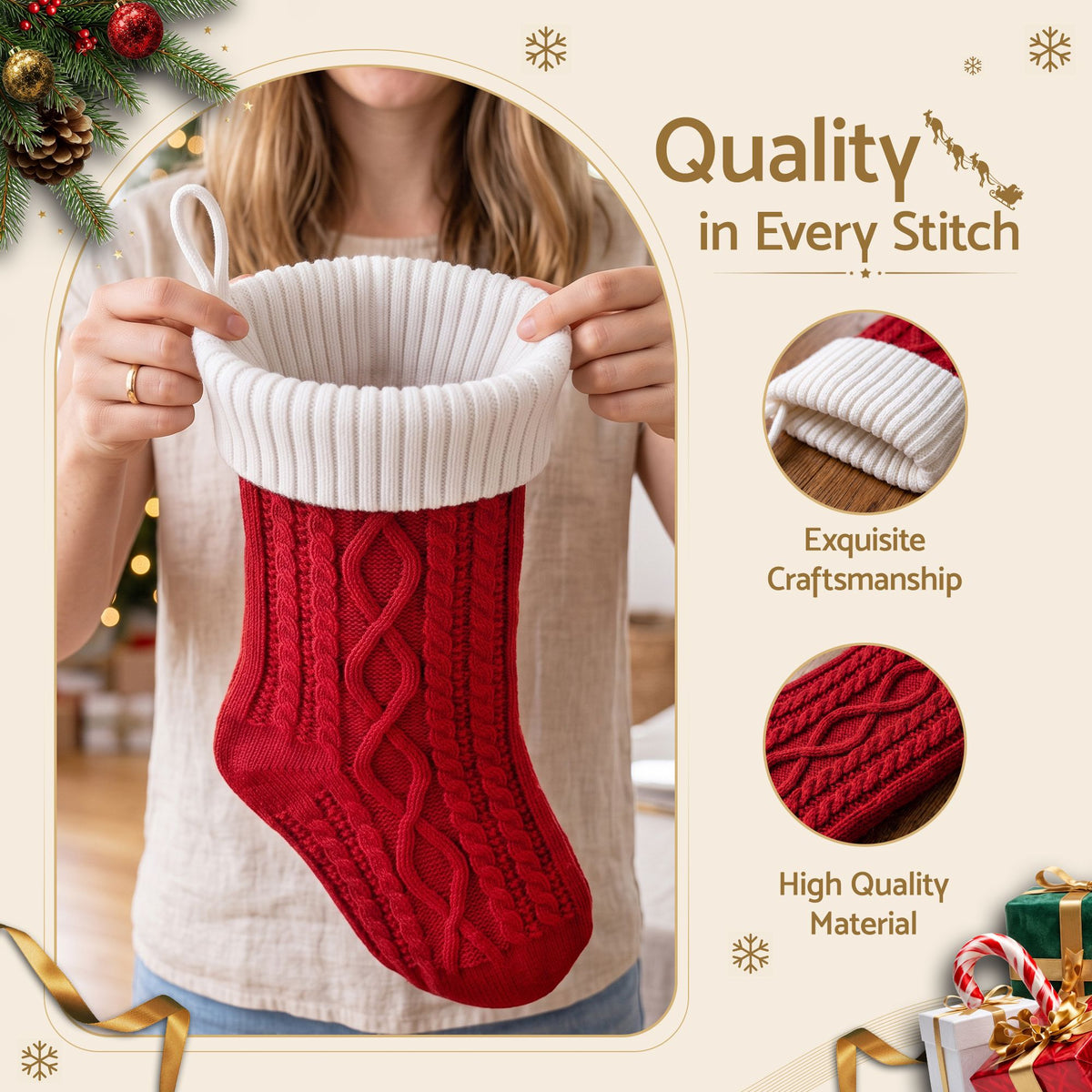 Personalised Knitted Christmas Stockings with Leather Patch, Contrast Colour – Set of 3, Jingle Jollys