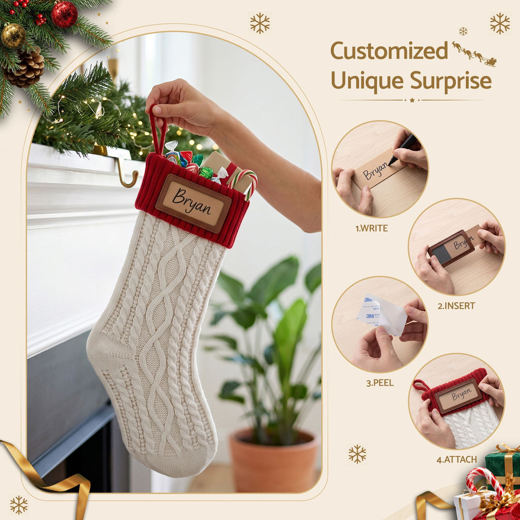 Personalised Knitted Christmas Stockings with Leather Patch, Contrast Colour – Set of 3, Jingle Jollys