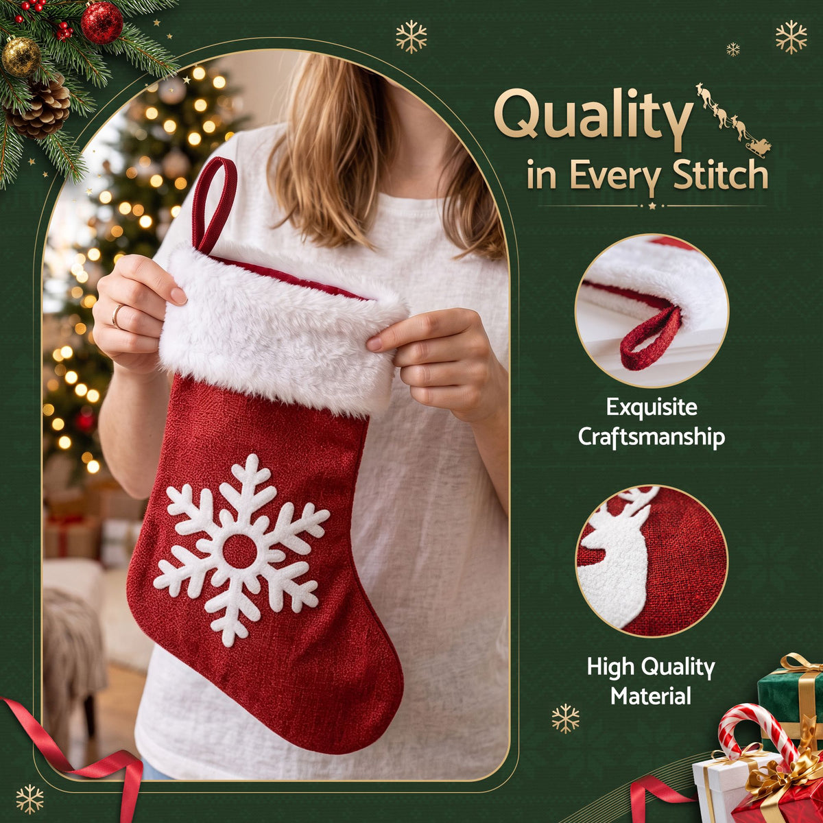 Velvet Christmas Stockings, 46.5 cm Red & White – Set of 4, Jingle Jollys
