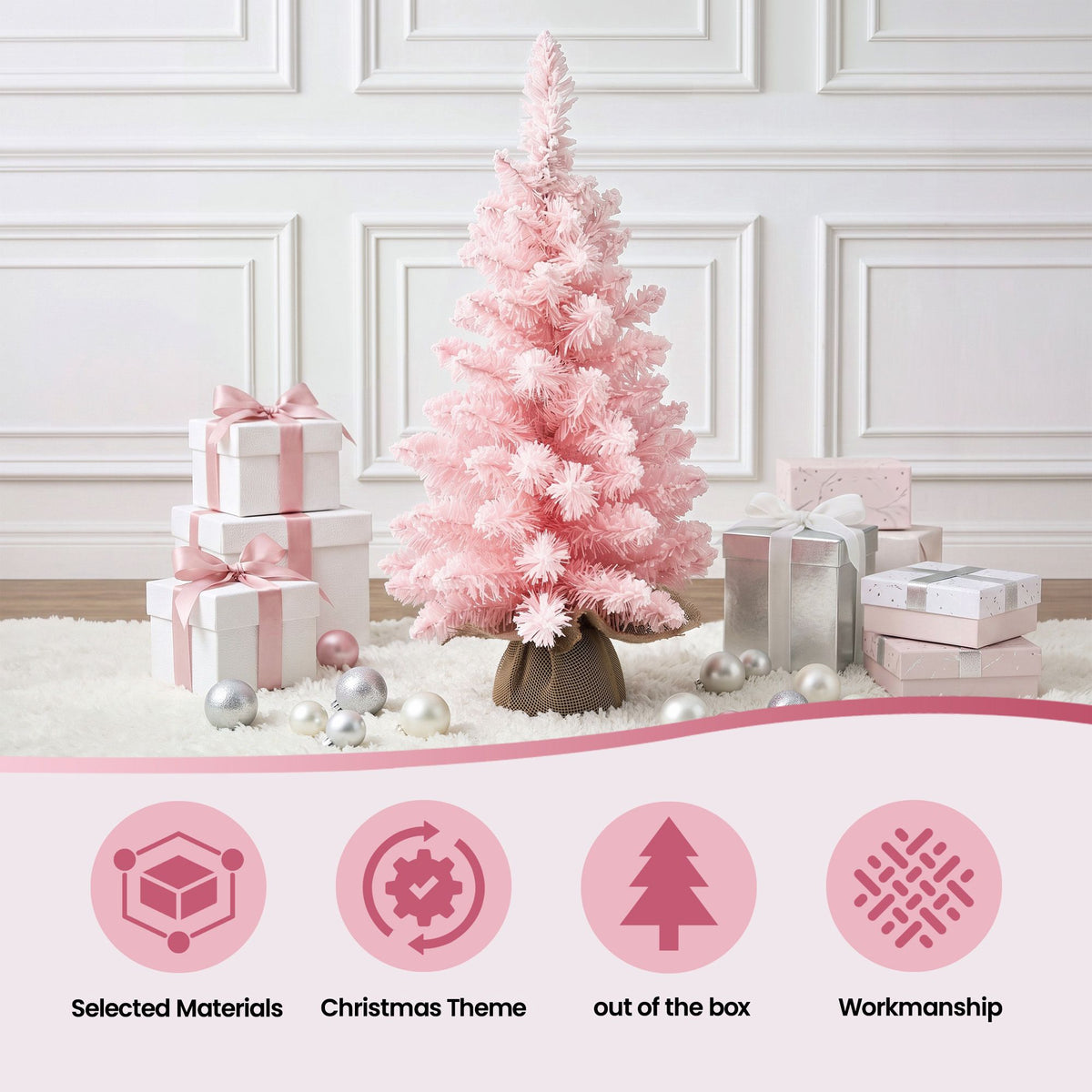 Pink Flocked Mini Christmas Tree, 60 cm Tabletop – Jingle Jollys