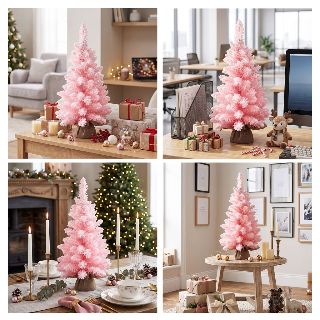 Pink Flocked Mini Christmas Tree, 60 cm Tabletop – Jingle Jollys