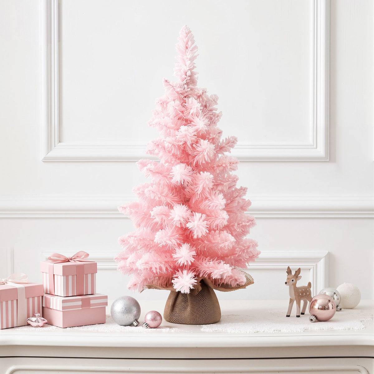 Pink Flocked Mini Christmas Tree, 60 cm Tabletop – Jingle Jollys