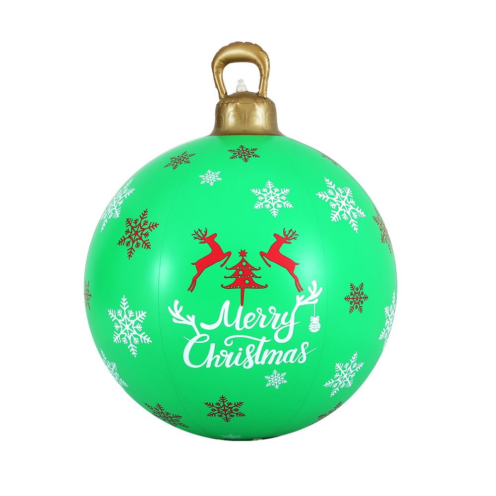 Green inflatable bauble fully inflated in a garden