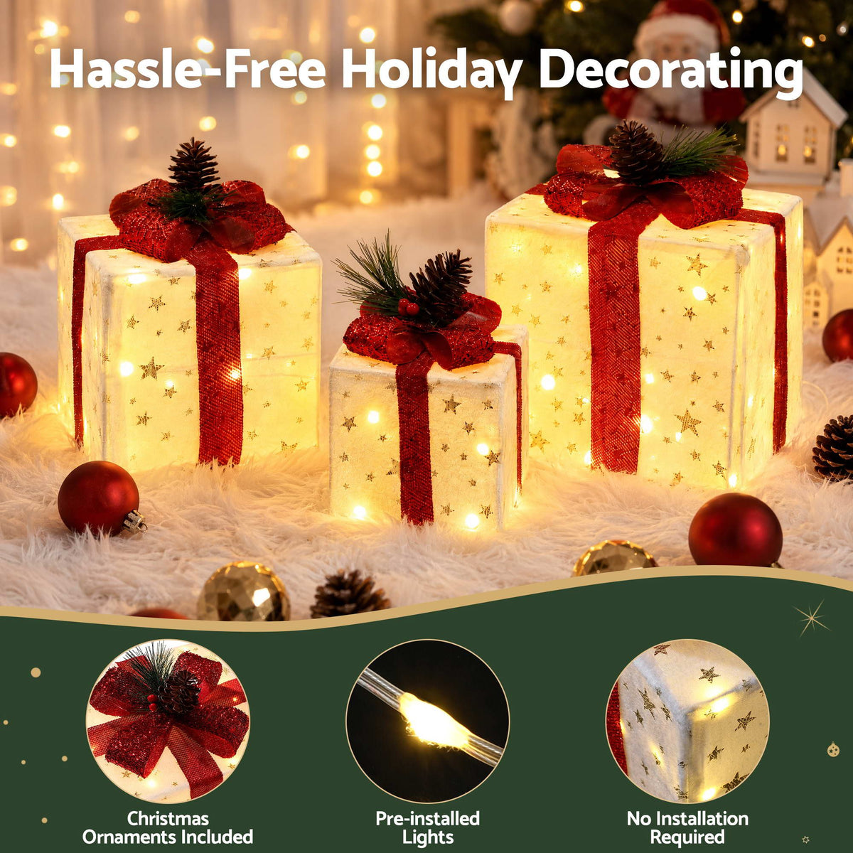 Lighted Christmas Gift Boxes – Set of 3, Jingle Jollys